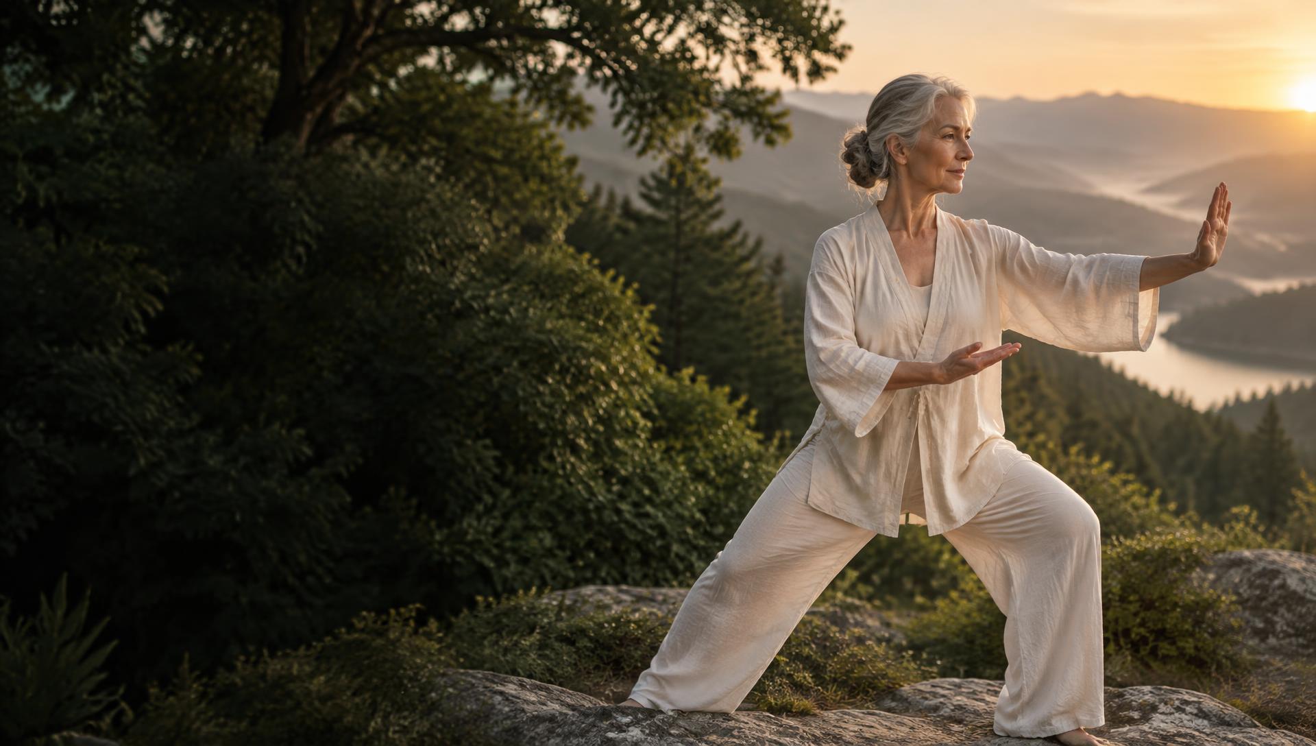 Mujer adulta practicando Tai Chi en un paisaje natural